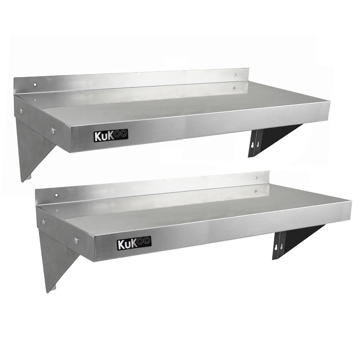 KuKoo stainless steel shelves, 1000mm x 300mm, featuring a sleek, brushed finish and sturdy wall-mounted brackets for durability
