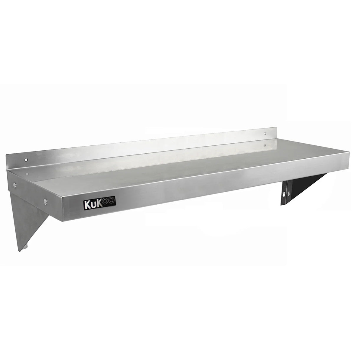 KuKoo stainless steel shelf, 1250mm x 300mm, featuring a sleek, polished surface and sturdy brackets for easy wall mounting