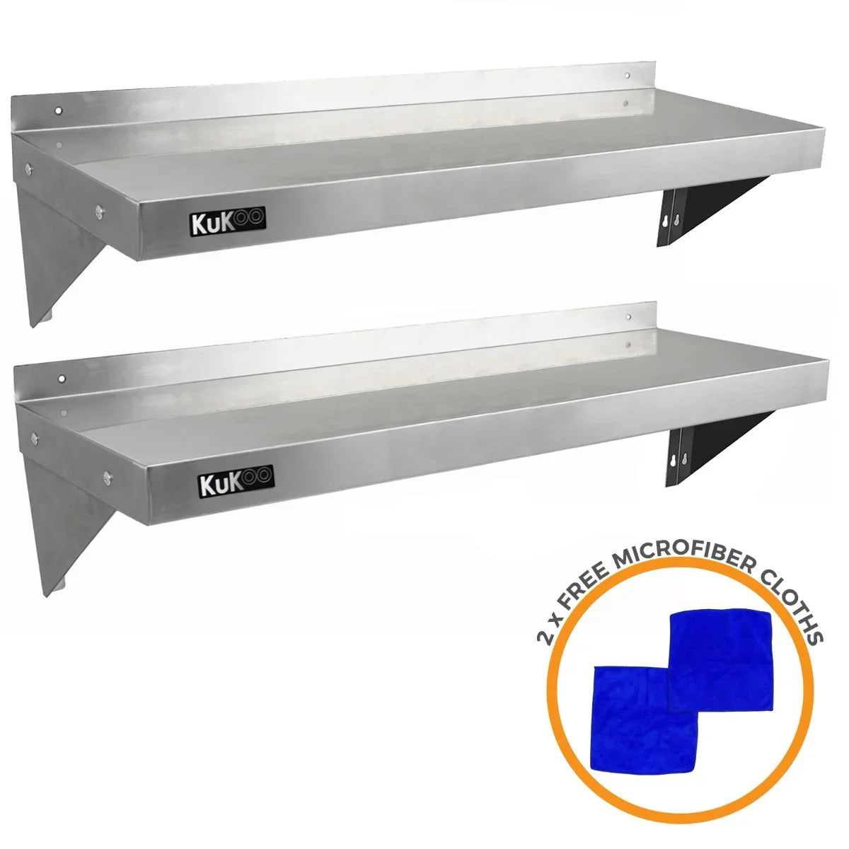 Stainless steel catering bench with two wall-mounted shelves, featuring a sleek surface and sturdy brackets for easy installation