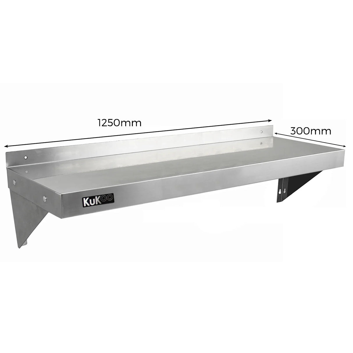 KuKoo stainless steel shelf measuring 1250mm x 300mm, featuring a sleek, polished surface and sturdy wall-mounted brackets