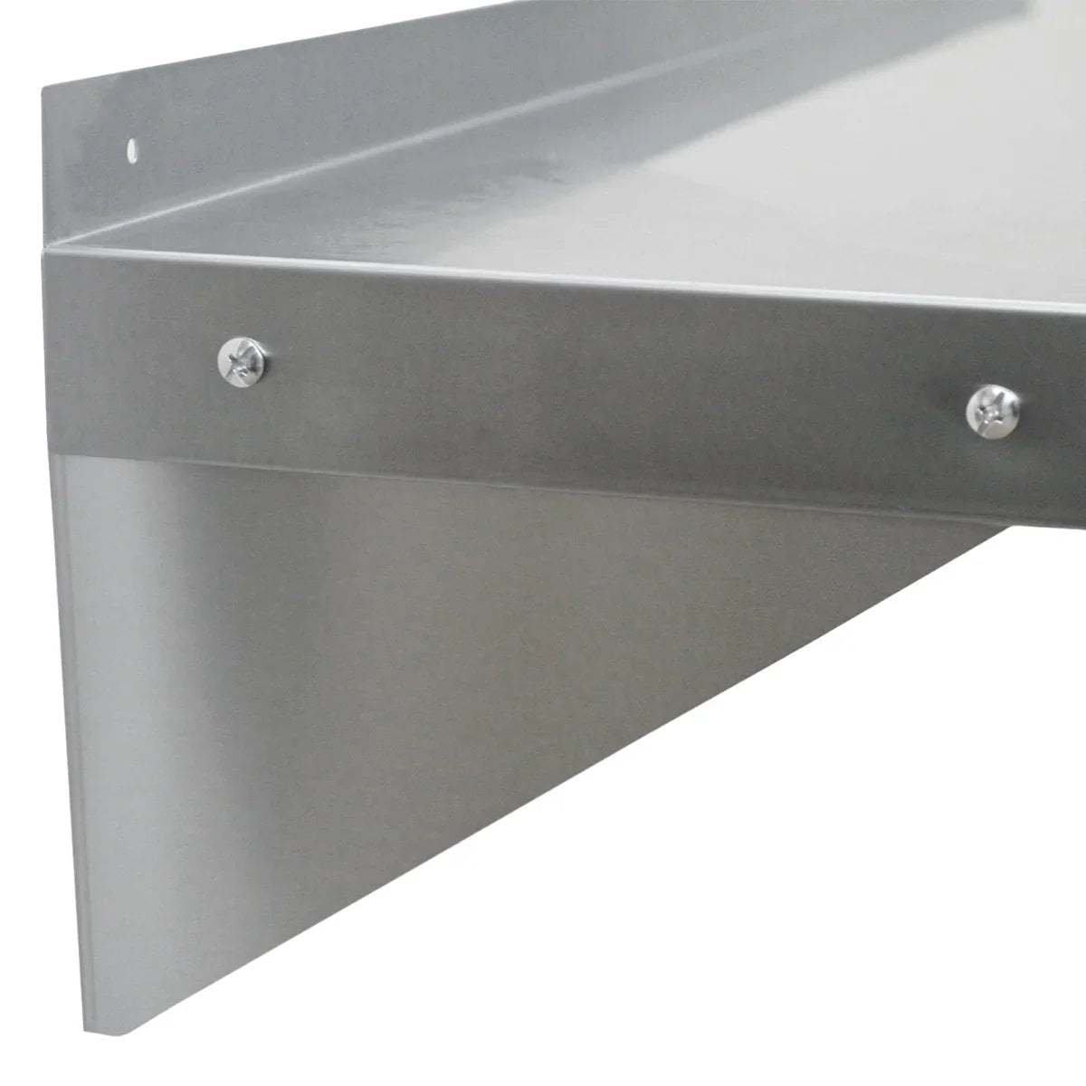 Close-up of a stainless steel wall-mounted shelf with a smooth surface, sharp edges, and visible mounting screws for secure installation