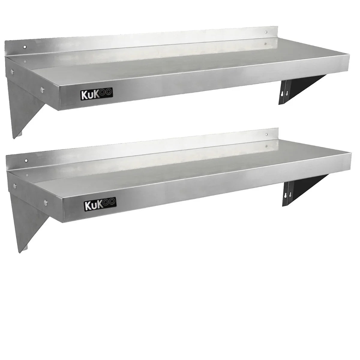 KuKoo stainless steel shelves, 1250mm x 300mm, featuring a sleek, polished finish and sturdy brackets for easy wall mounting