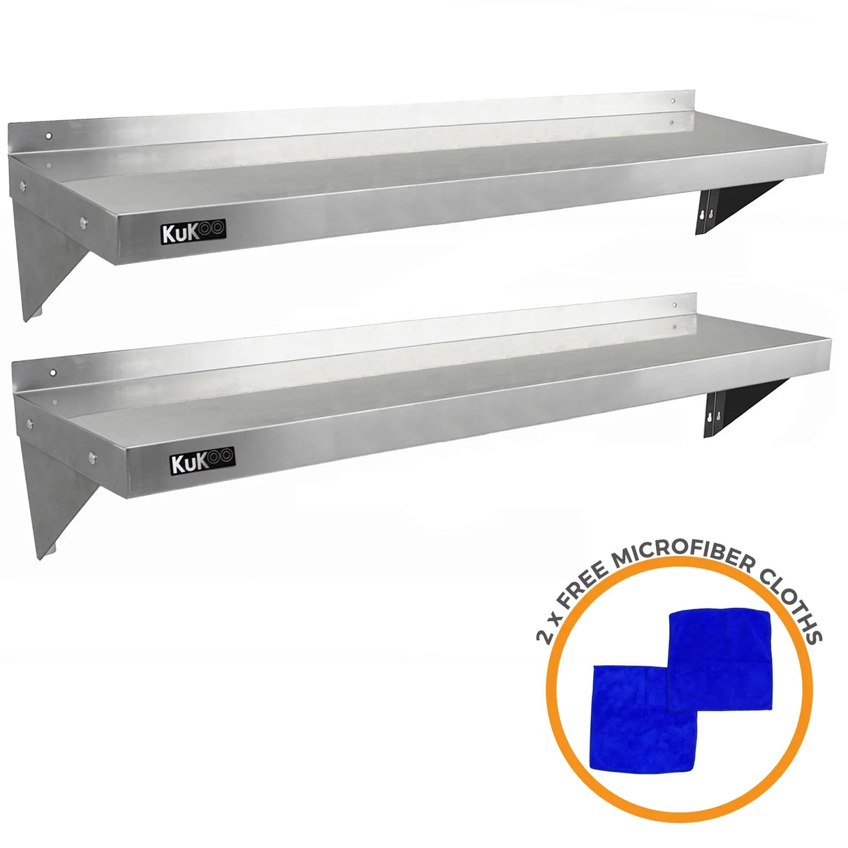 Two KuKoo stainless steel shelves, 1400mm x 300mm, featuring a sleek finish and sturdy brackets, includes two free microfiber cloths