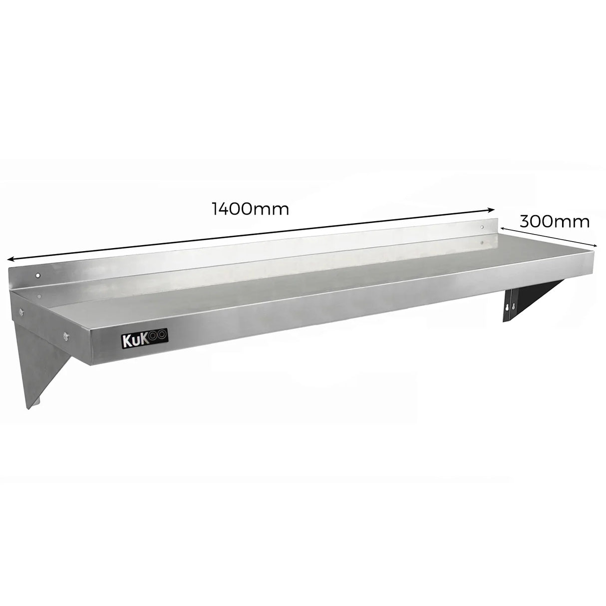 KuKoo stainless steel shelf measuring 1400mm x 300mm, featuring a sleek, polished finish and sturdy wall-mounted design