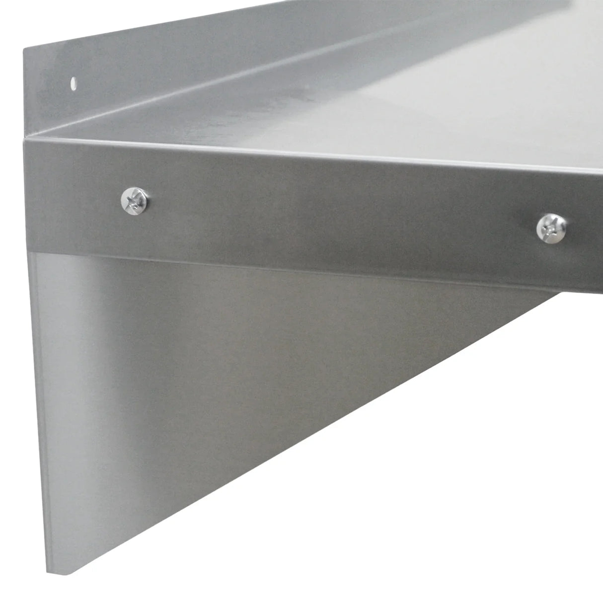 Stainless steel shelf corner with a smooth surface, featuring sturdy brackets and a sleek, modern design for durability and style