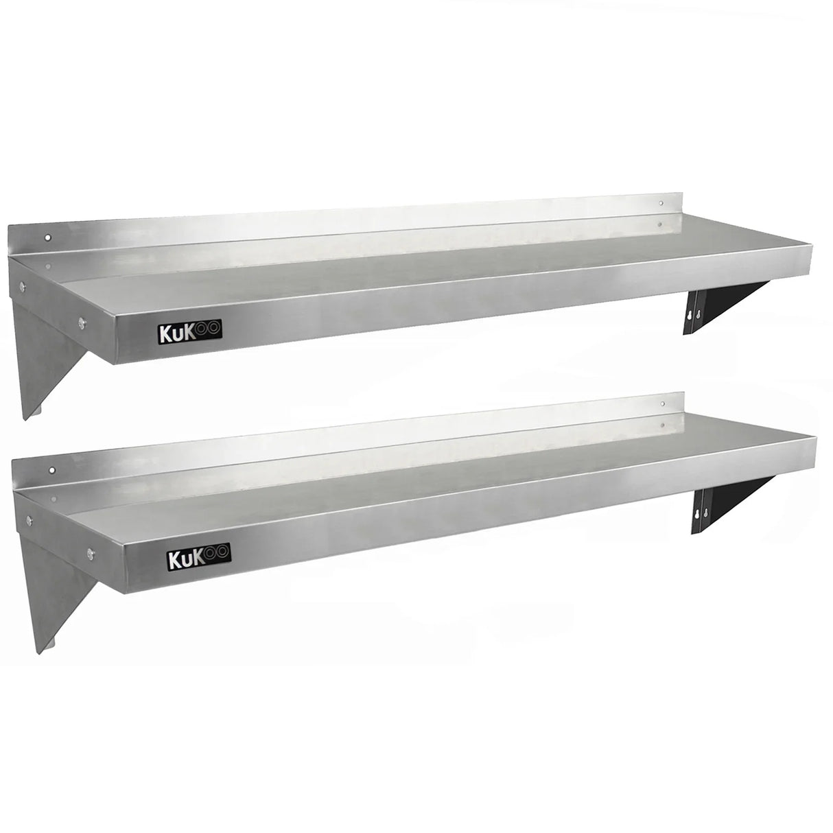 Stainless steel shelves by KuKoo, 1400mm x 300mm, featuring a sleek, polished finish and sturdy brackets for wall mounting