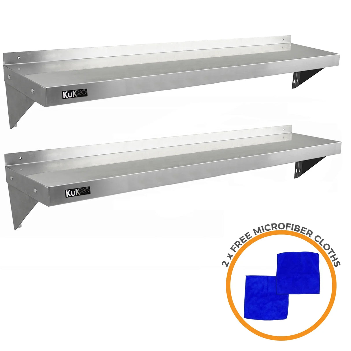 Two KuKoo stainless steel shelves, 1500mm x 300mm, featuring a sleek finish and sturdy brackets, with two blue microfiber cloths included