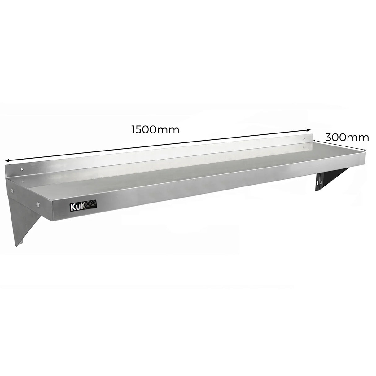 KuKoo stainless steel shelf, 1500mm x 300mm, featuring a sleek, polished surface and sturdy brackets for easy wall mounting