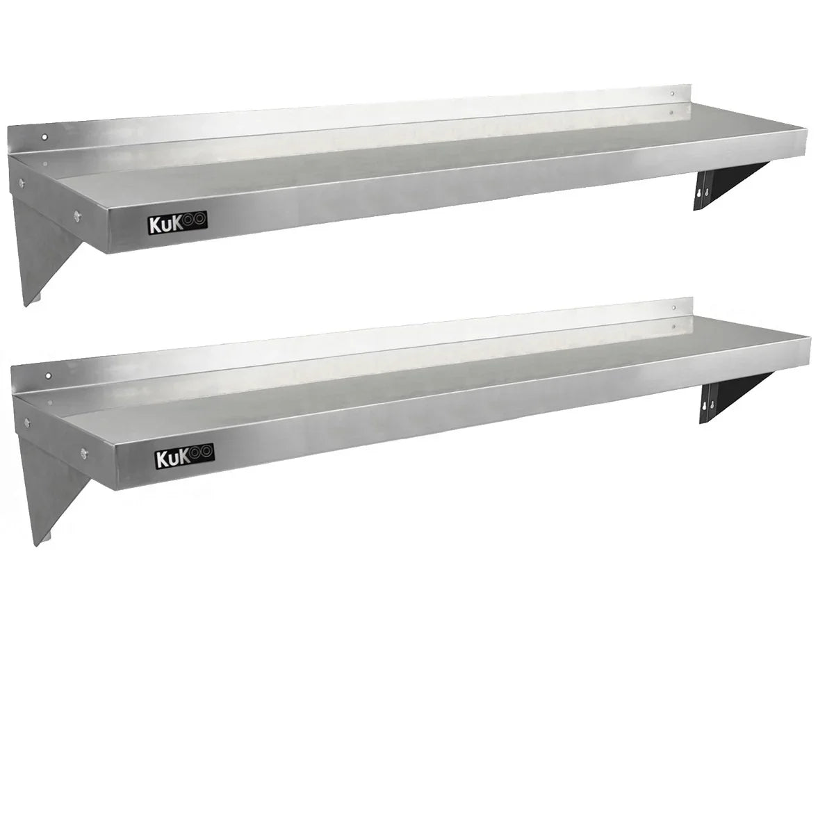 KuKoo stainless steel shelves, 1500mm x 300mm, featuring a sleek, polished finish and sturdy brackets for kitchen or storage use