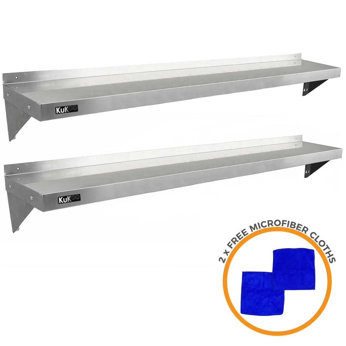 Stainless steel shelves measuring 1940mm x 300mm, featuring a sleek design, sturdy brackets, and two free blue microfiber cloths