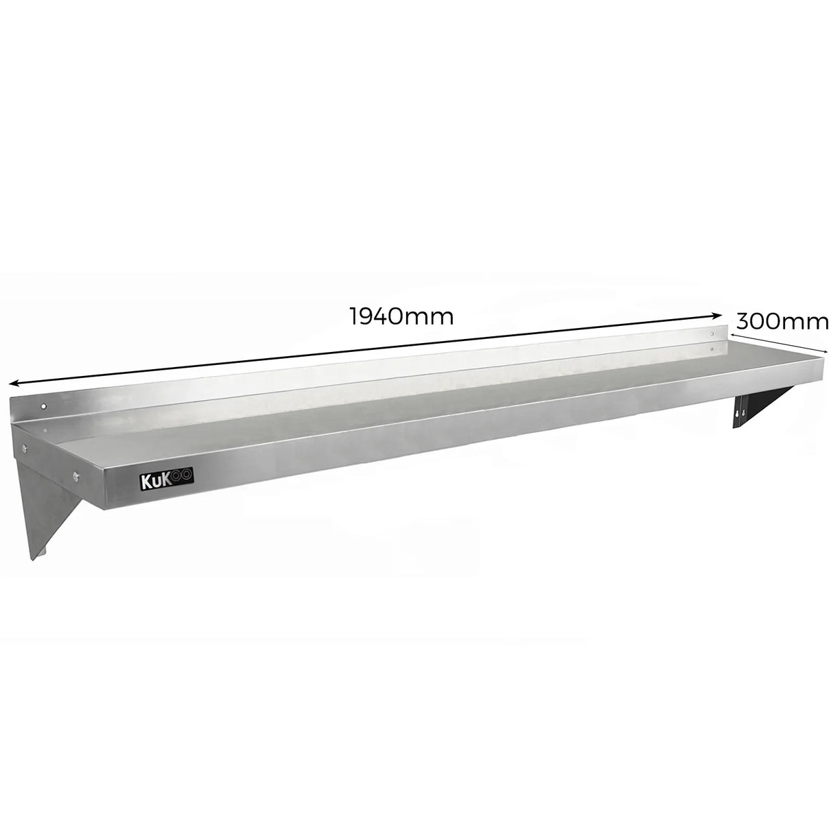 KuKoo stainless steel shelf measuring 1940mm x 300mm, featuring a sleek, polished surface and sturdy wall-mounted brackets