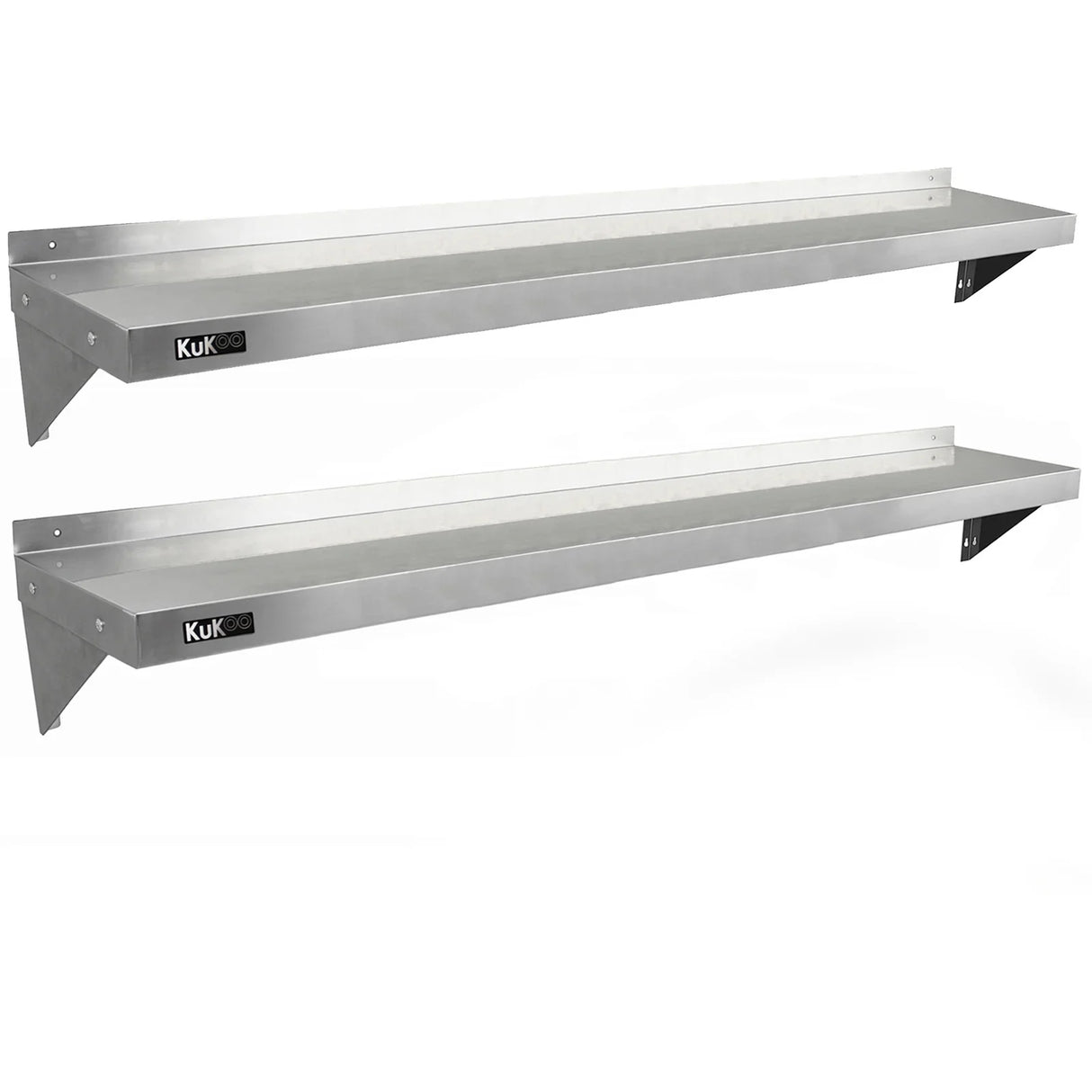 Stainless steel shelves measuring 1940mm x 300mm, featuring a sleek, polished finish and sturdy brackets for wall mounting