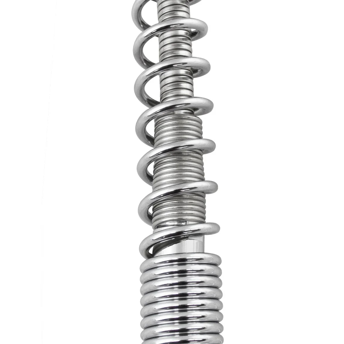Shiny chrome pre-rinse commercial tap with a coiled spring design, featuring smooth, reflective surfaces for easy cleaning and durability