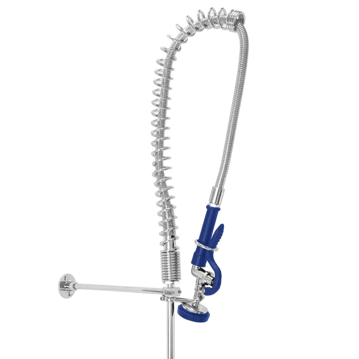 KuKoo Pre-Rinse Commercial Tap with a chrome finish, flexible coiled hose, and blue handle for efficient dishwashing and rinsing