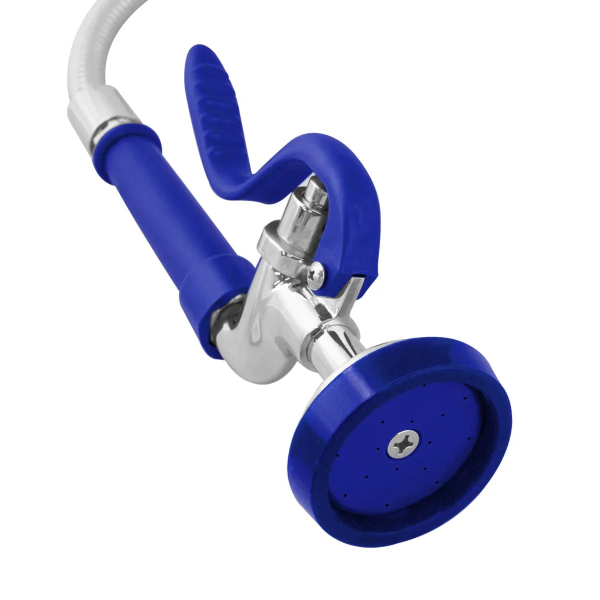 KuKoo Pre-Rinse Commercial Tap featuring a blue ergonomic handle, stainless steel body, and a round spray nozzle with multiple holes