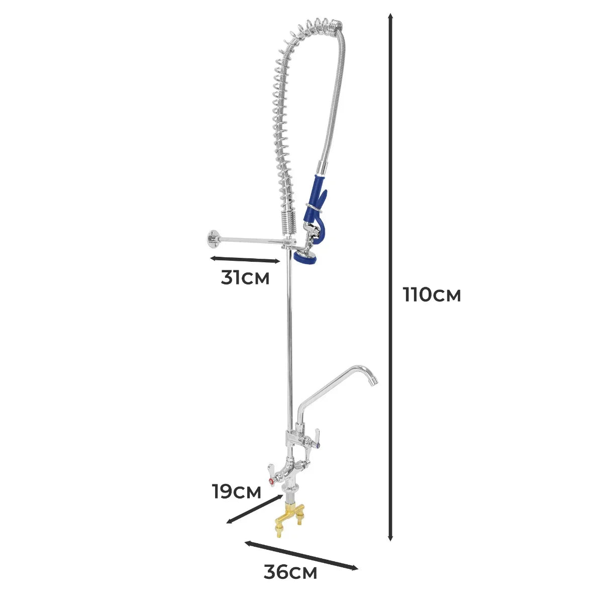 KuKoo Pre-Rinse Commercial Tap with a chrome finish, flexible coil, and dual handles, measuring 110cm tall and 36cm wide