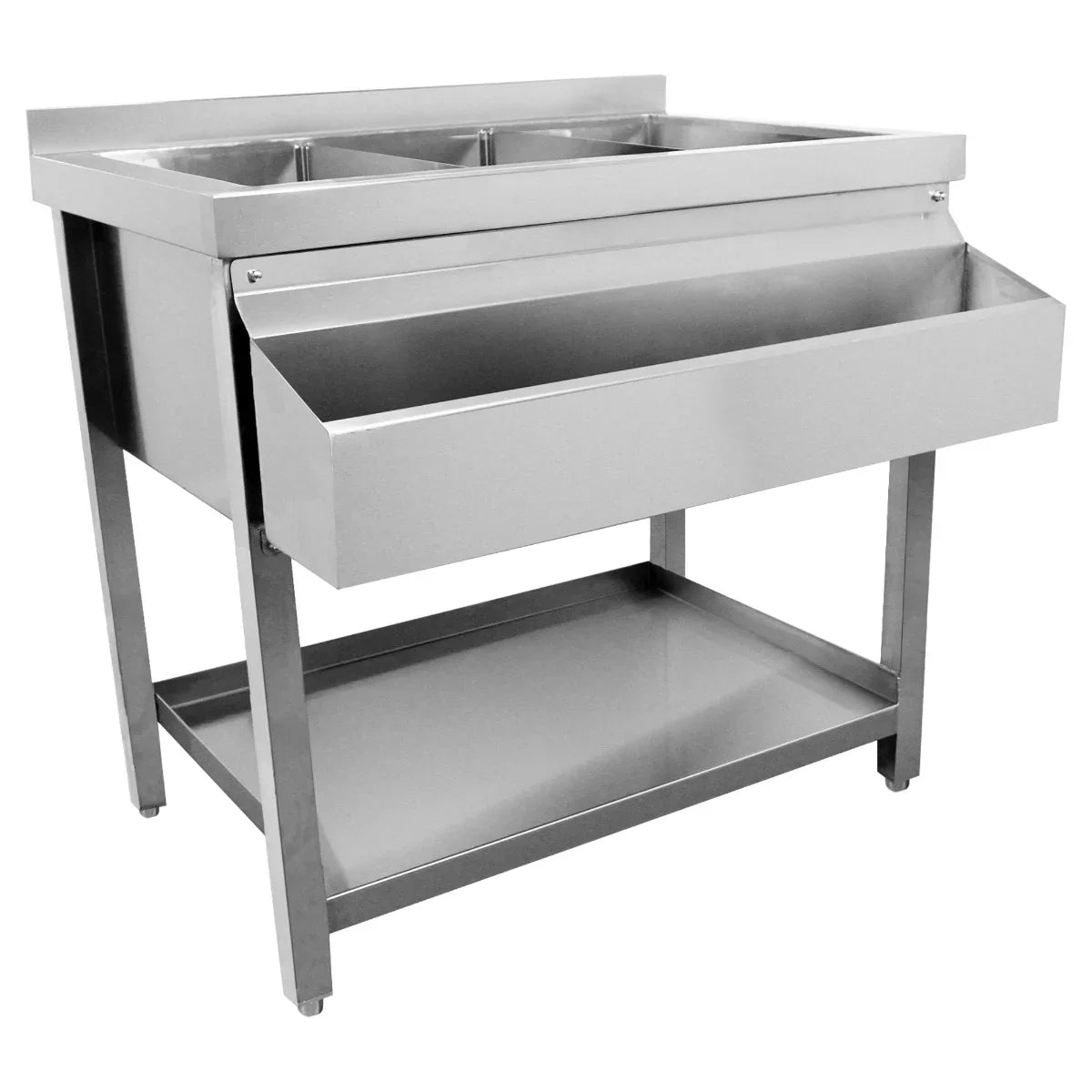 Stainless steel KuKoo Ice Well Cocktail Bar Station with two compartments, a front shelf, and a sturdy base for efficient drink service