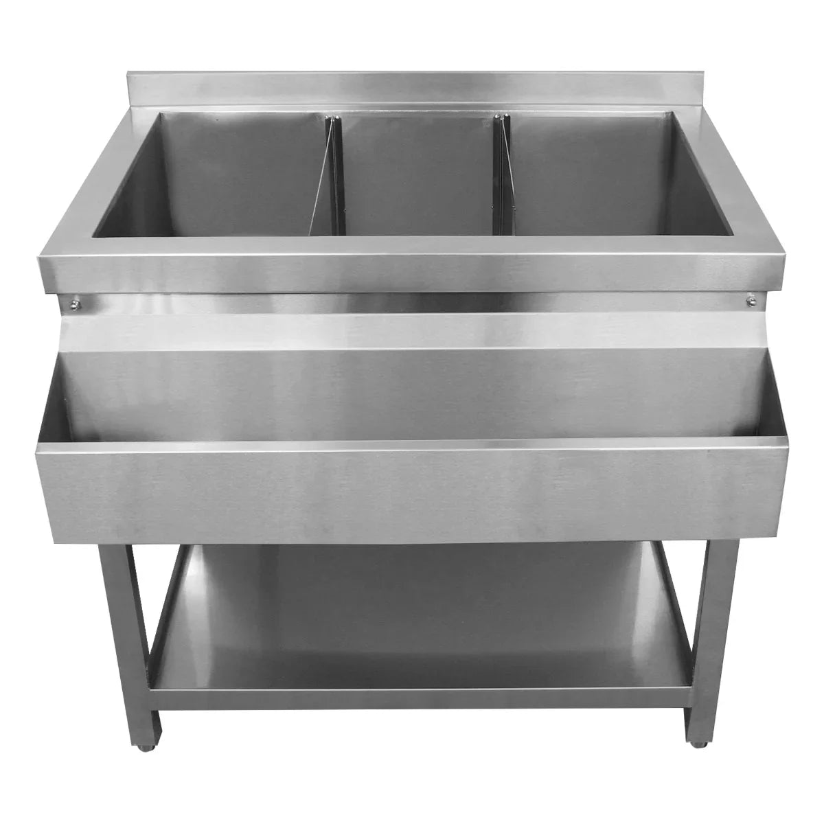Stainless steel KuKoo Ice Well Cocktail Bar Station with two spacious compartments and a lower storage shelf for easy access