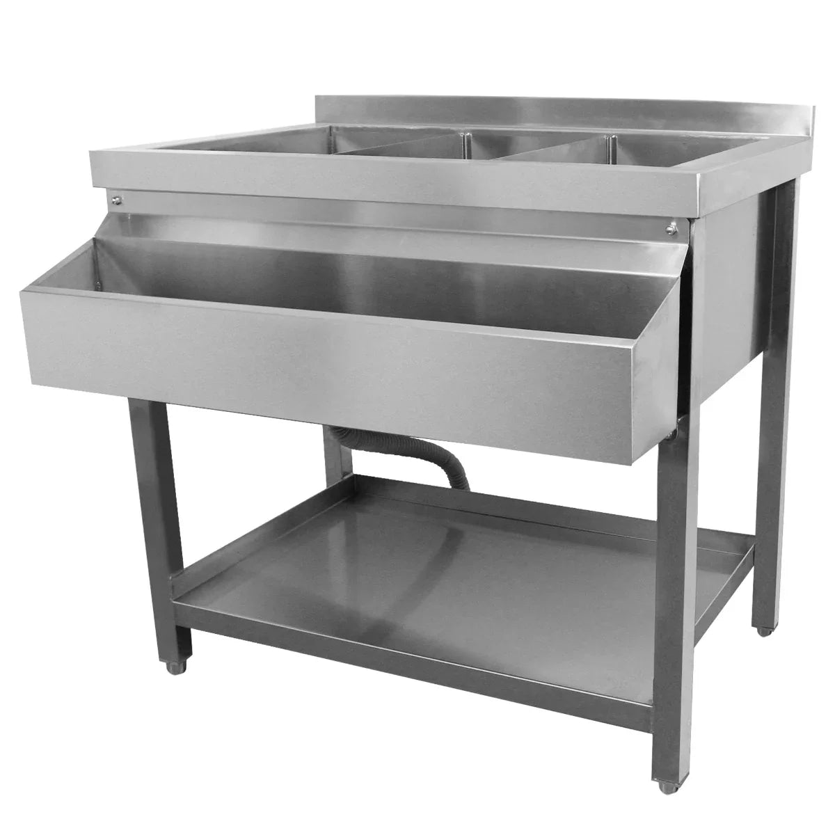 Stainless steel KuKoo Ice Well Cocktail Bar Station with three compartments, a large front shelf, and a sturdy base for durability