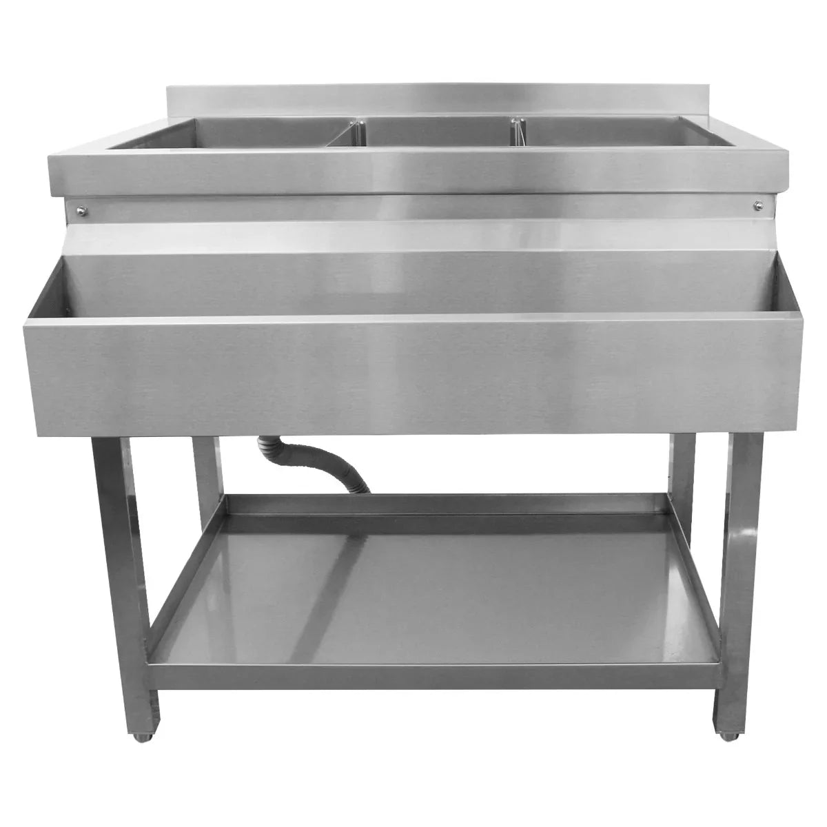 Stainless steel KuKoo Ice Well Cocktail Bar Station with two compartments, a spacious lower shelf, and a sleek, modern design