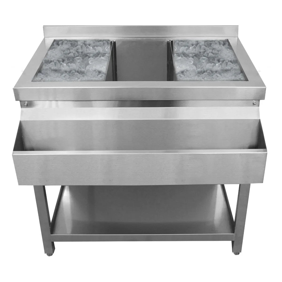Stainless steel KuKoo Ice Well Cocktail Bar Station with two ice compartments and a spacious storage shelf for bar essentials