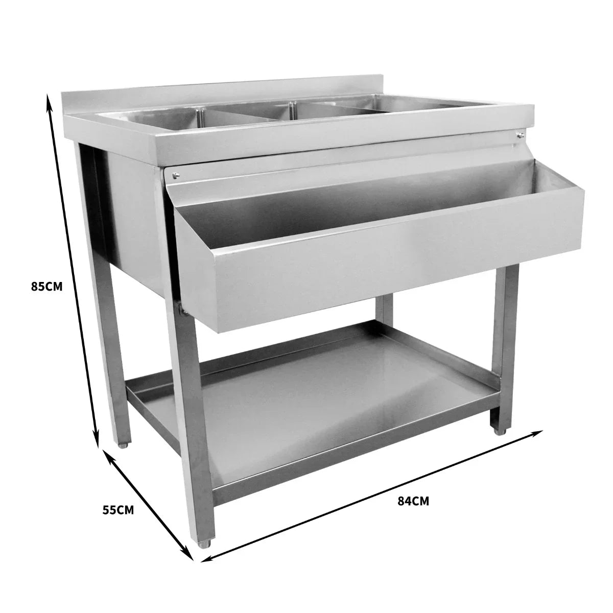 Stainless steel KuKoo Ice Well Cocktail Bar Station with three compartments, a spacious drawer, and sturdy legs for stability