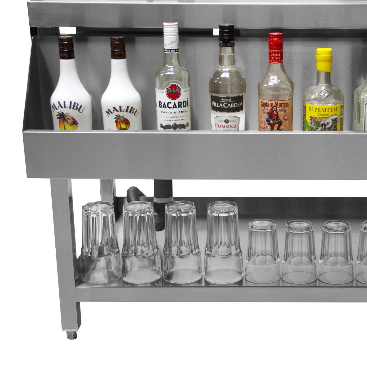 Stainless steel KuKoo Ice Well Cocktail Bar Station with various liquor bottles and stacked glassware for easy access
