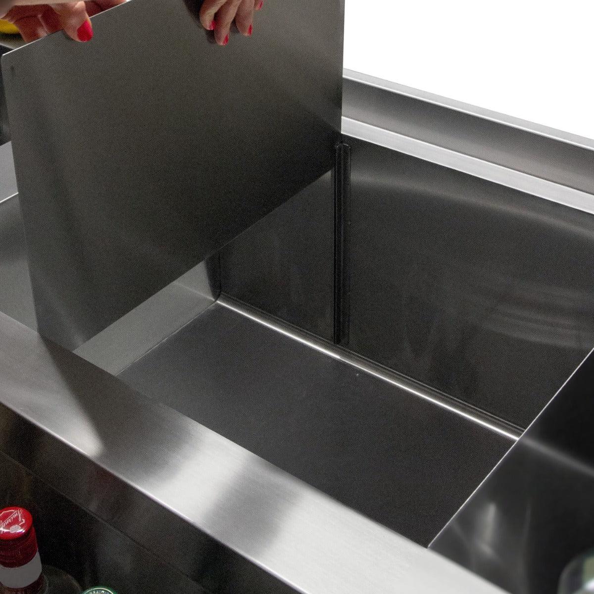 Stainless steel KuKoo Ice Well Cocktail Bar Station with a removable divider, showcasing its spacious interior for ice storage