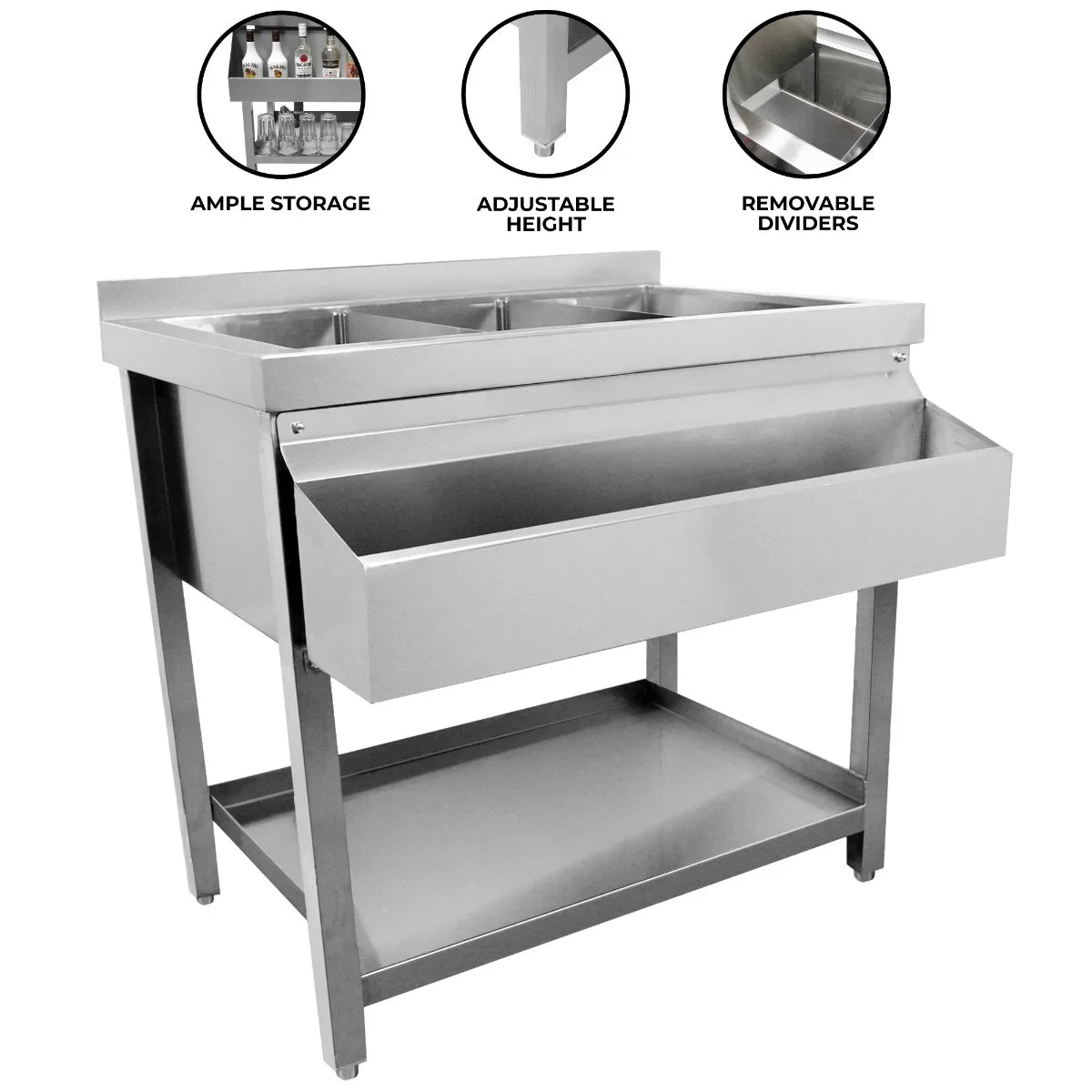 Stainless steel KuKoo Ice Well Cocktail Bar Station with adjustable height, ample storage, and removable dividers for organization