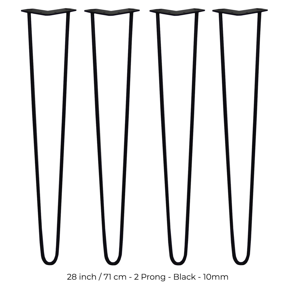 Black 28-inch hairpin legs with a sleek 2-prong design, made of durable 10mm metal, perfect for modern furniture projects