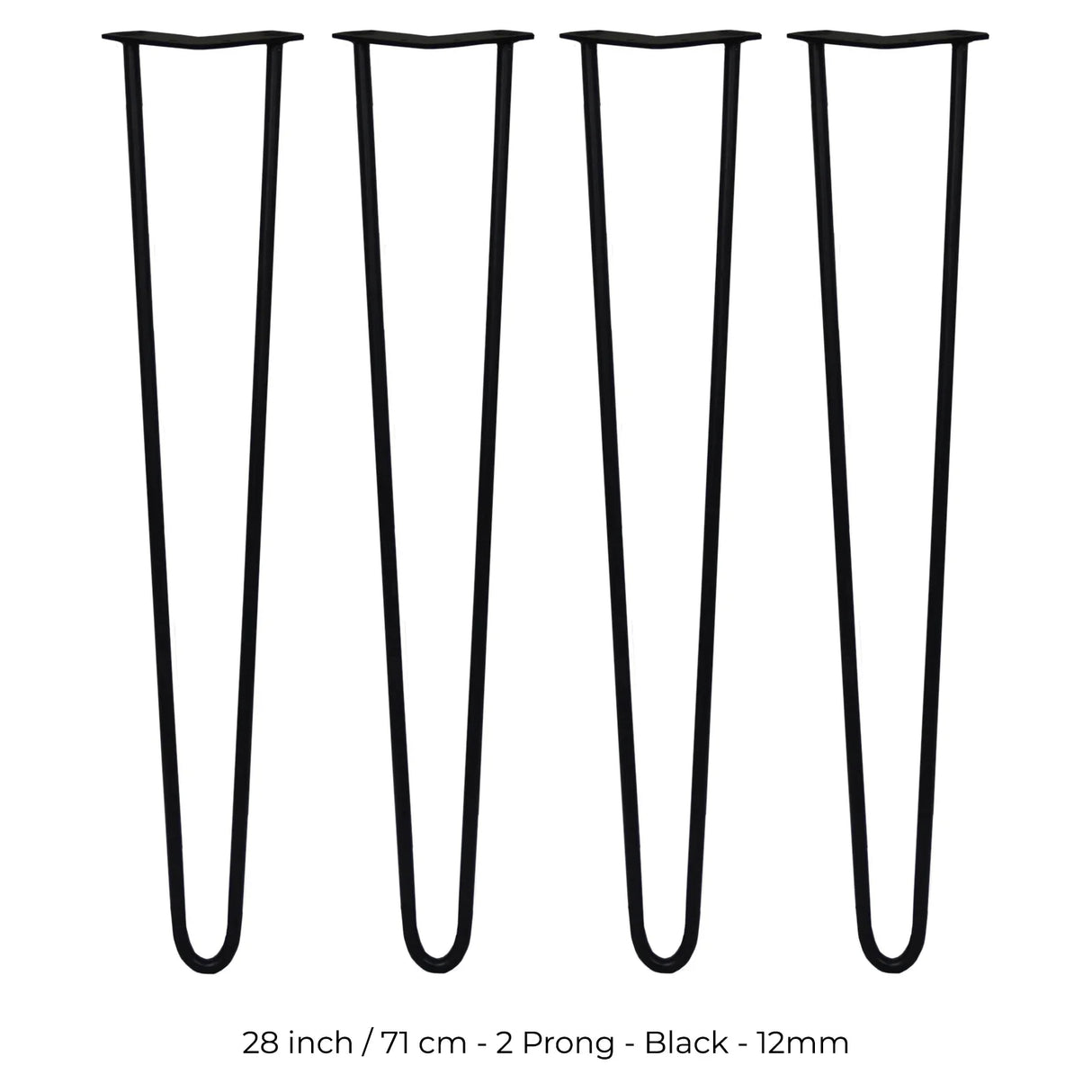28-inch black hairpin legs with a sleek 2-prong design, made from durable 12mm metal, ideal for furniture projects