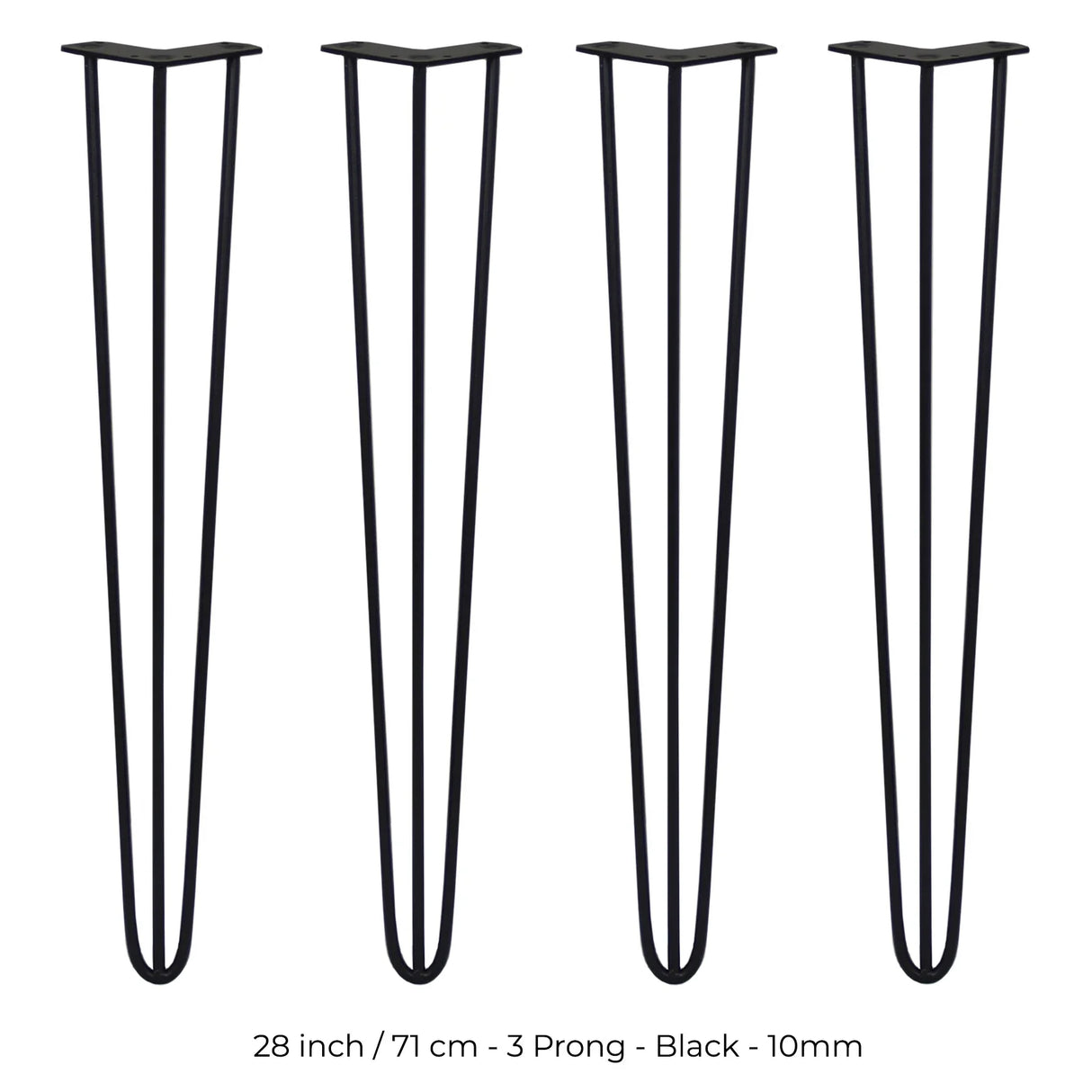 Black 28-inch hairpin legs with a sleek 3-prong design, featuring a sturdy 10mm metal construction for furniture projects