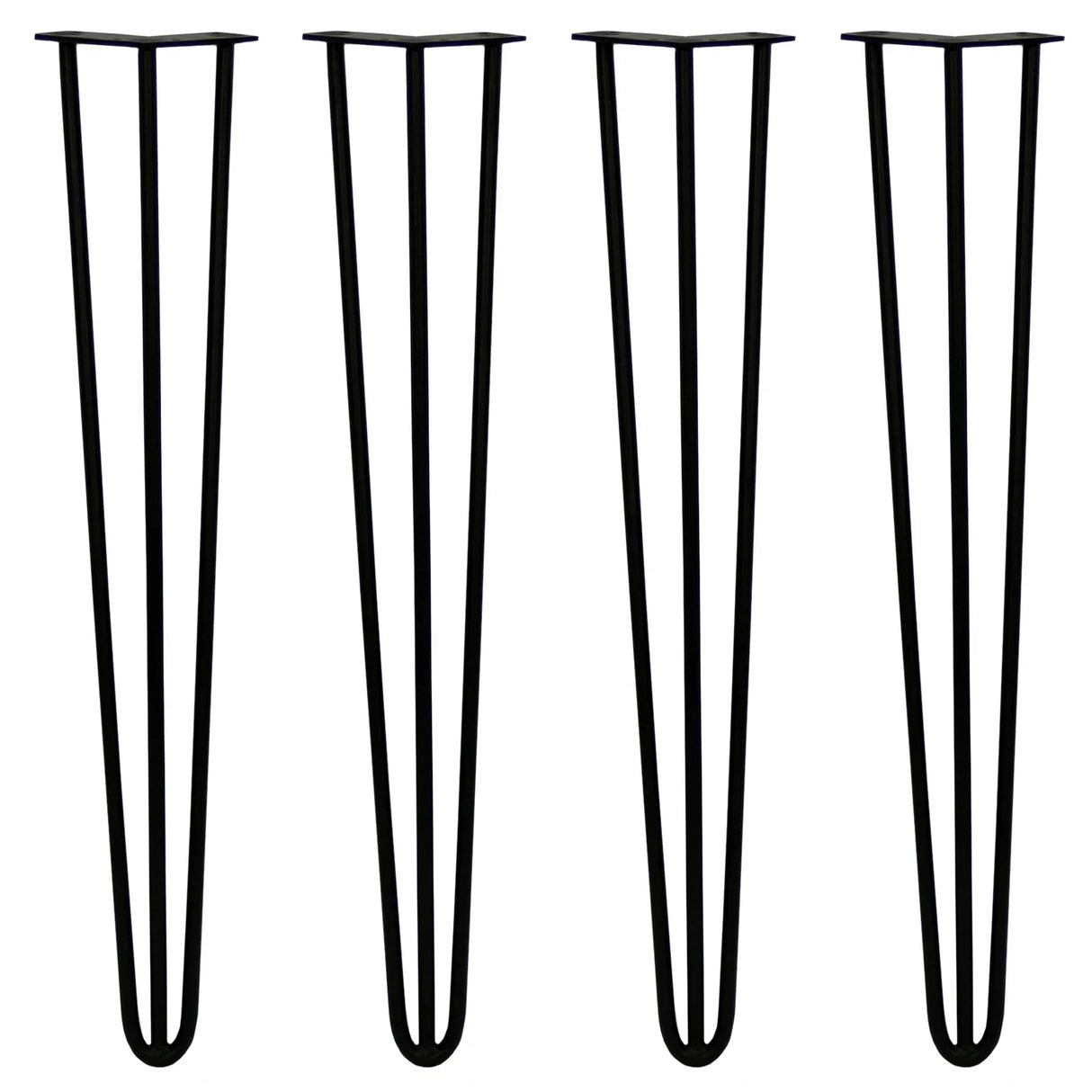 Four 28-inch black hairpin legs with a sleek 3-prong design, made of sturdy metal, ideal for DIY furniture projects