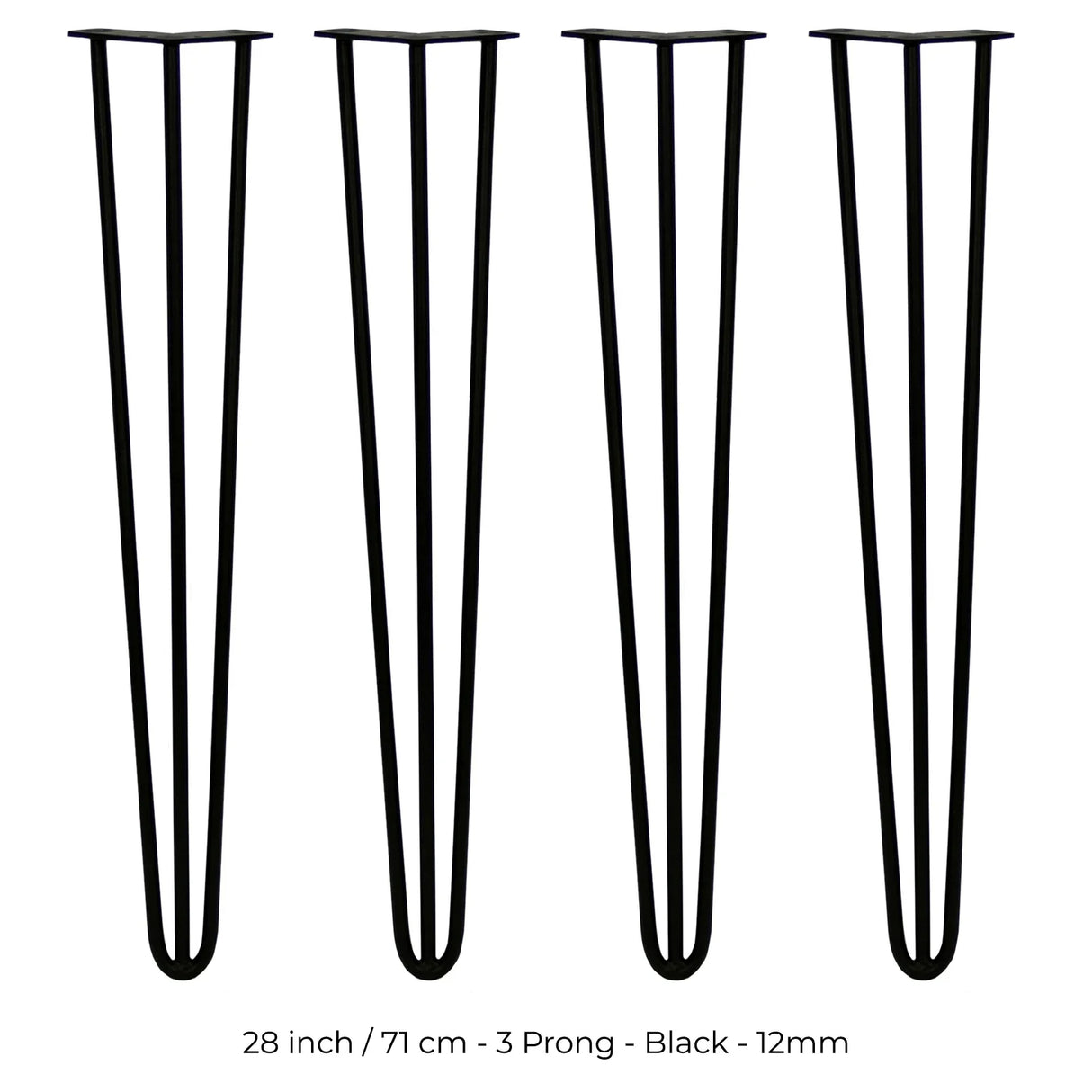 Black 28-inch hairpin legs with a sleek 3-prong design, made of sturdy 12mm metal, perfect for modern furniture projects