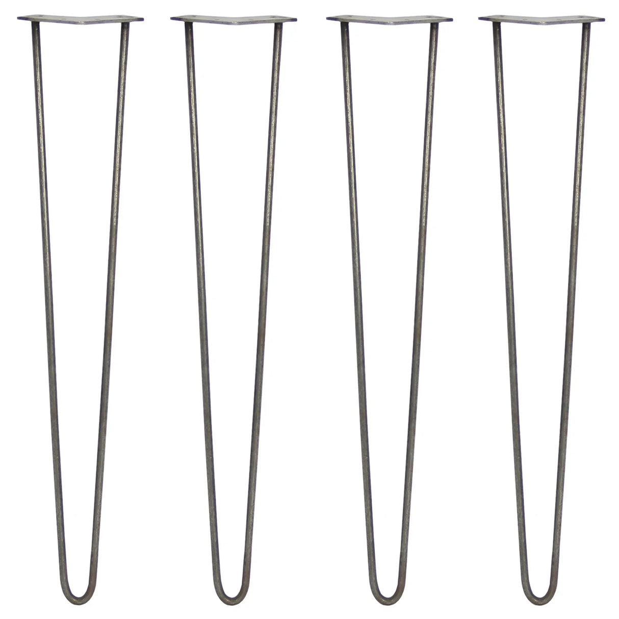 Raw steel hairpin legs, 28 inches tall, featuring a sleek 2-prong design, ideal for DIY furniture projects and modern decor