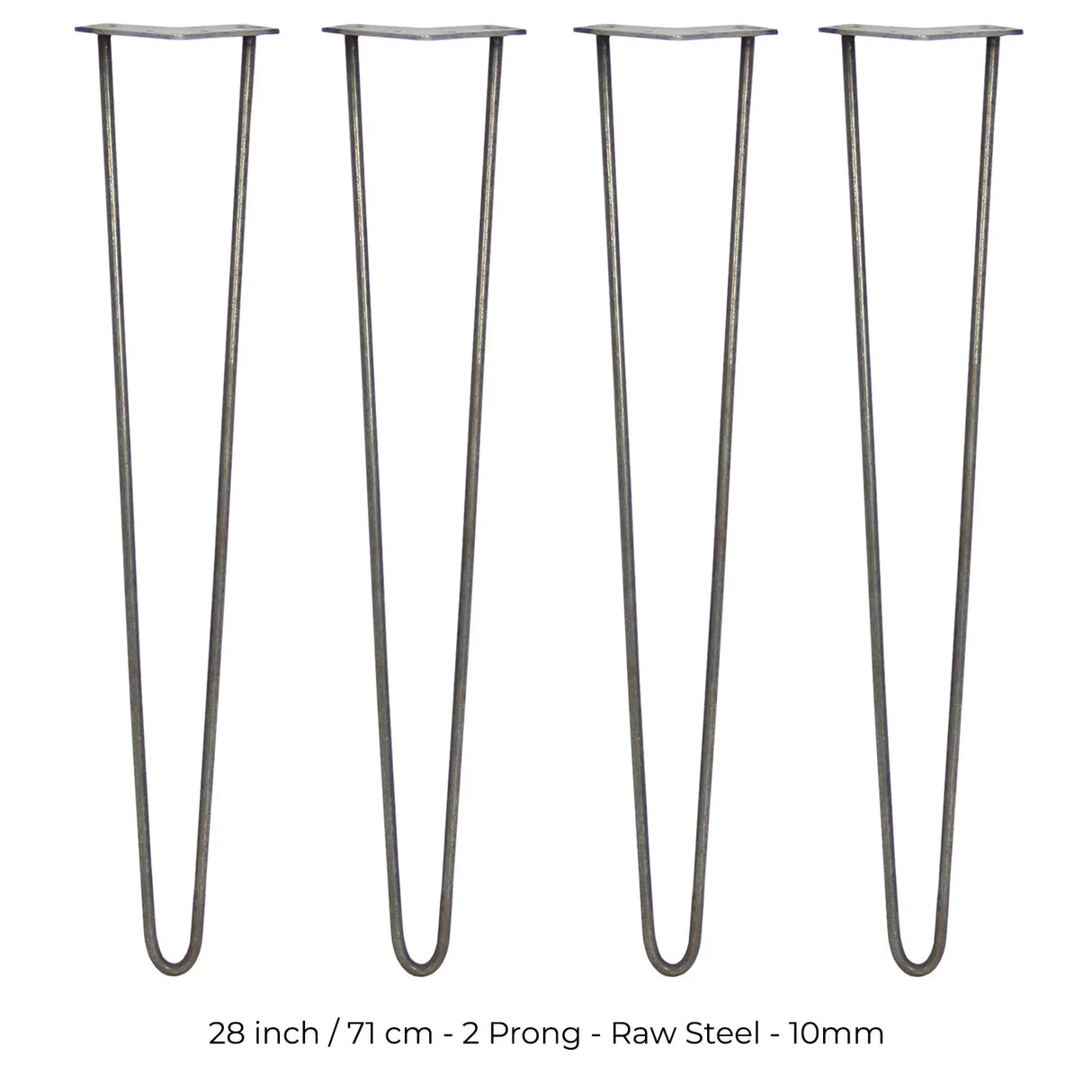28-inch hairpin legs in raw steel, featuring a sleek 2-prong design, ideal for DIY furniture projects and modern decor