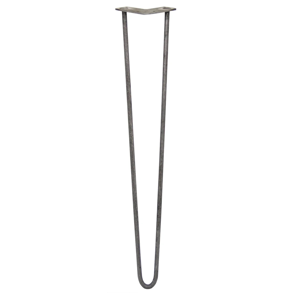 Raw steel 28-inch hairpin legs with a sleek two-prong design, perfect for modern furniture projects and DIY creations