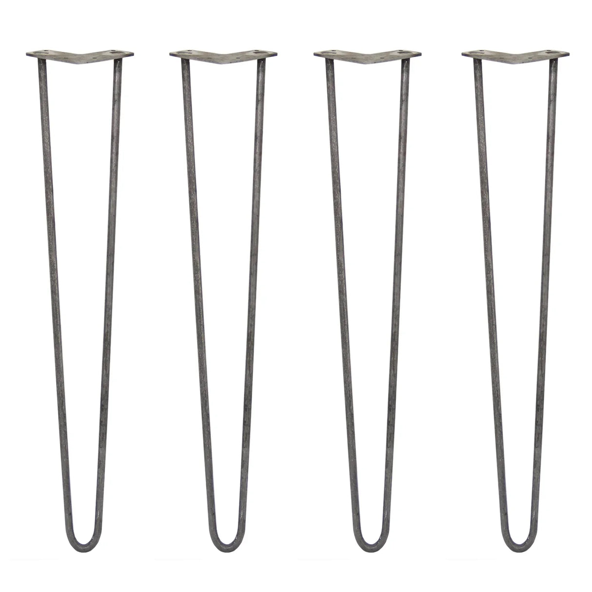 Four 28-inch hairpin legs in raw steel with a sleek, minimalist design, featuring a sturdy 12mm thickness and two prongs each