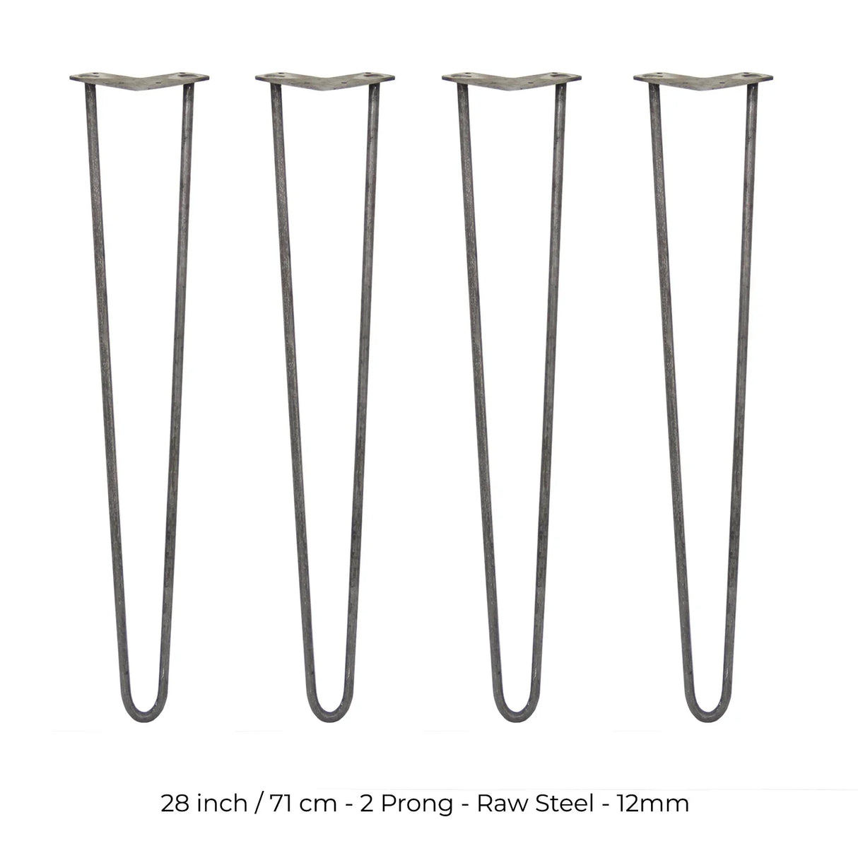 28-inch raw steel hairpin legs with a 2-prong design, featuring a sleek, minimalist shape ideal for furniture projects