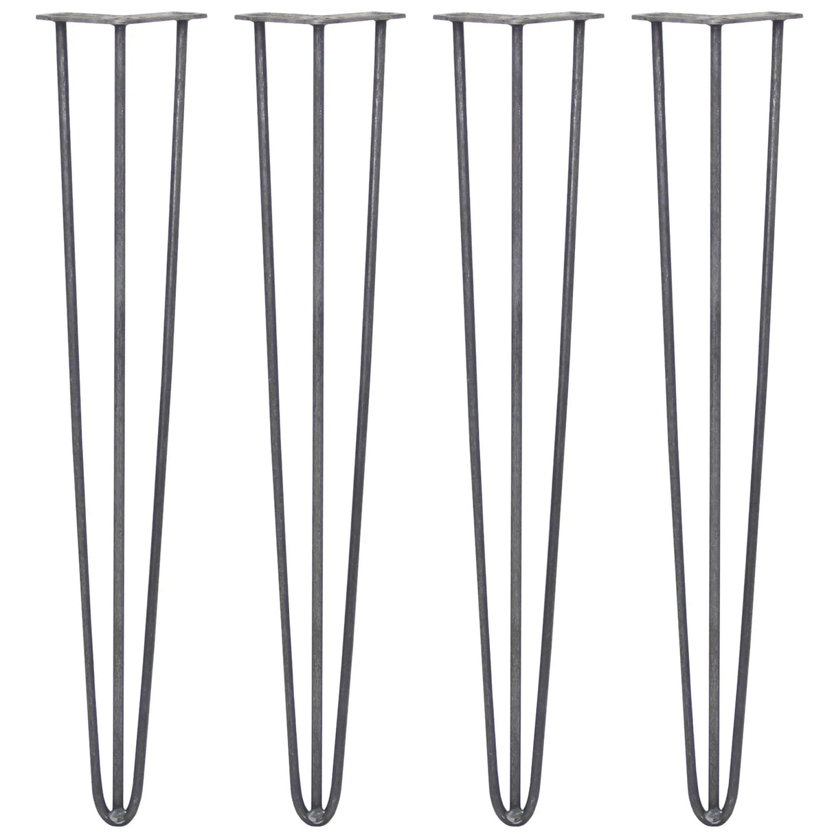 Four 28-inch hairpin legs in raw steel, featuring a sleek three-prong design with a sturdy, minimalist aesthetic
