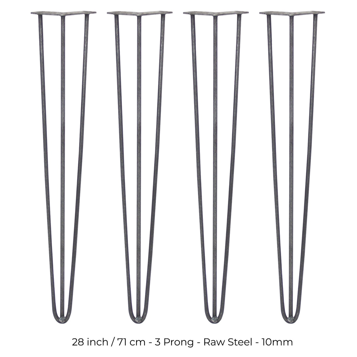 4 x 28" Hairpin Legs - 3 Prong - 10mm - Raw Steel