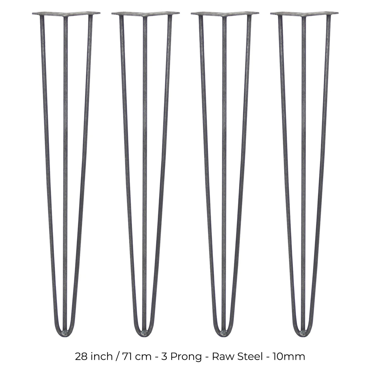 28-inch hairpin legs in raw steel, featuring a sleek three-prong design and 10mm thickness, ideal for furniture projects
