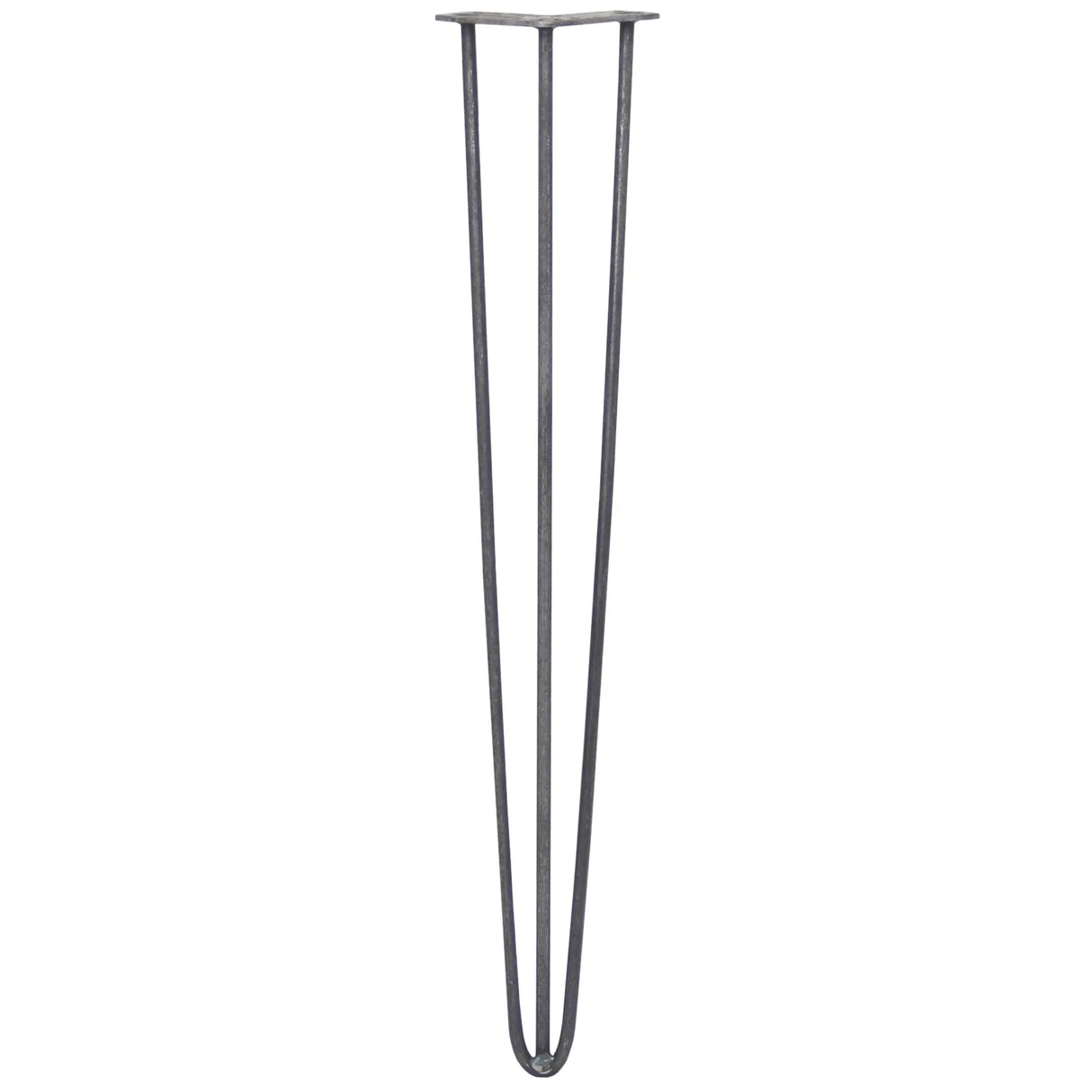 Raw steel hairpin legs, 28 inches tall, featuring a sleek three-prong design with a smooth, industrial finish for furniture projects