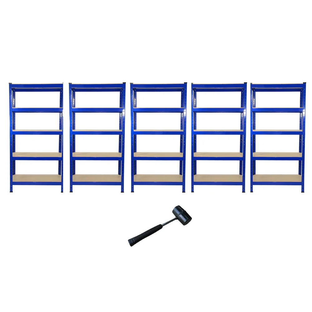 Boltless 5-tier garage shelving unit in blue with wooden shelves, designed for efficient space-saving organization and easy assembly