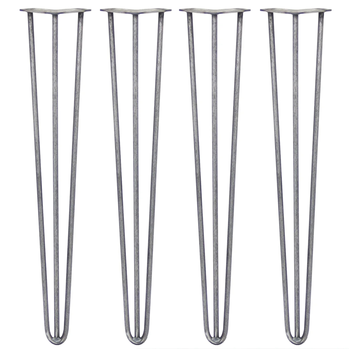 Raw steel hairpin legs, 28 inches tall, featuring a sleek three-prong design for modern furniture projects and DIY applications