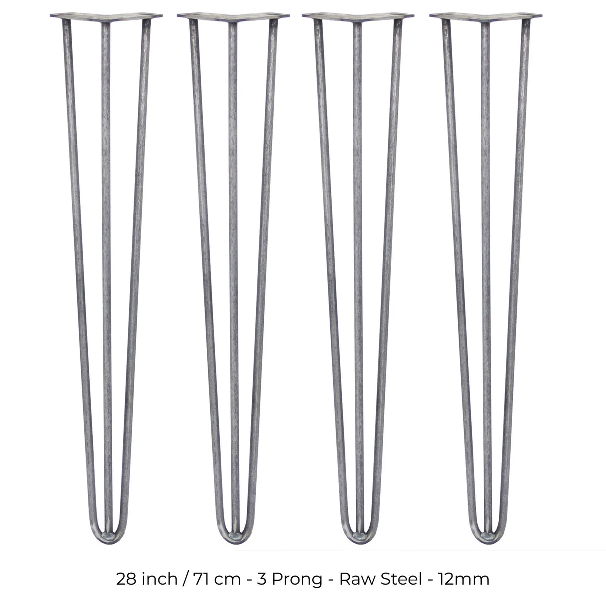 28-inch raw steel hairpin legs with three prongs, featuring a sleek, minimalist design perfect for furniture projects