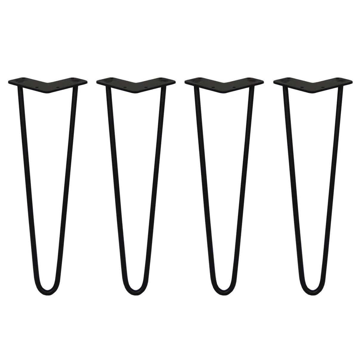 Black 4 x 16-inch hairpin legs with a sleek, minimalist design, featuring two prongs and a sturdy 10mm thickness for furniture support