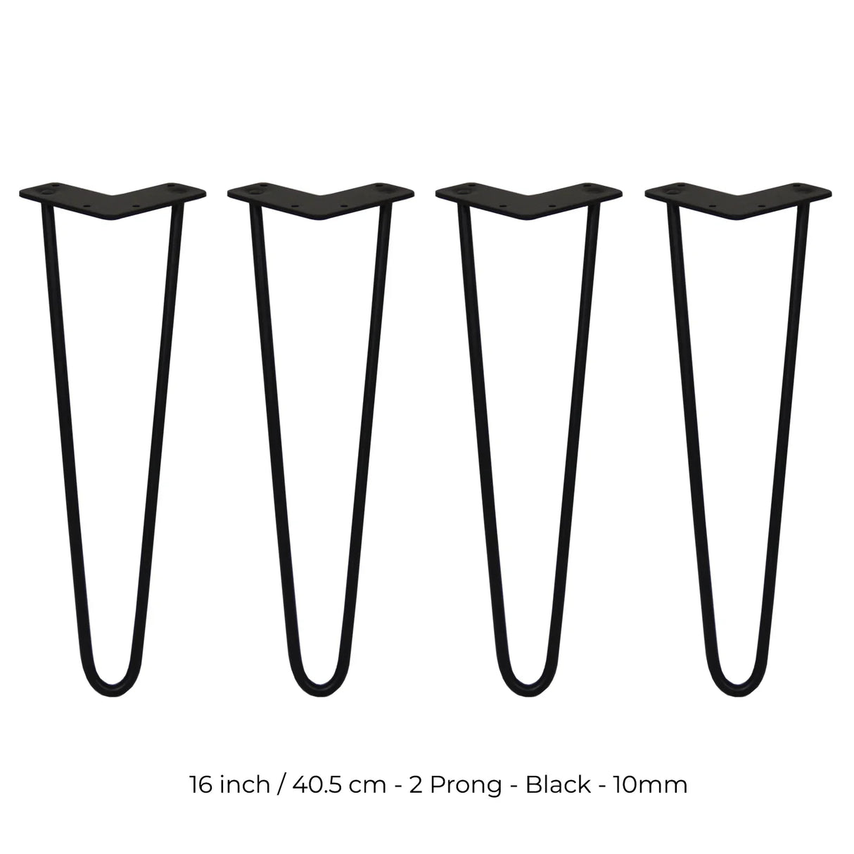 Black 16-inch hairpin legs with a sleek 2-prong design, made of durable 10mm metal, perfect for DIY furniture projects