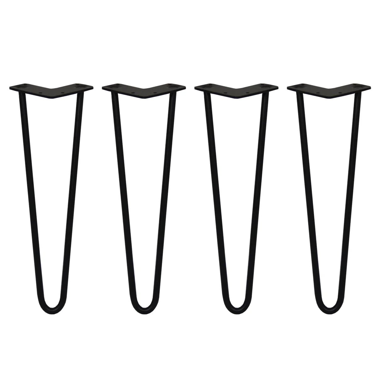Black 16-inch hairpin legs with a sleek, minimalist design, featuring a sturdy 12mm metal construction and two prongs for stability