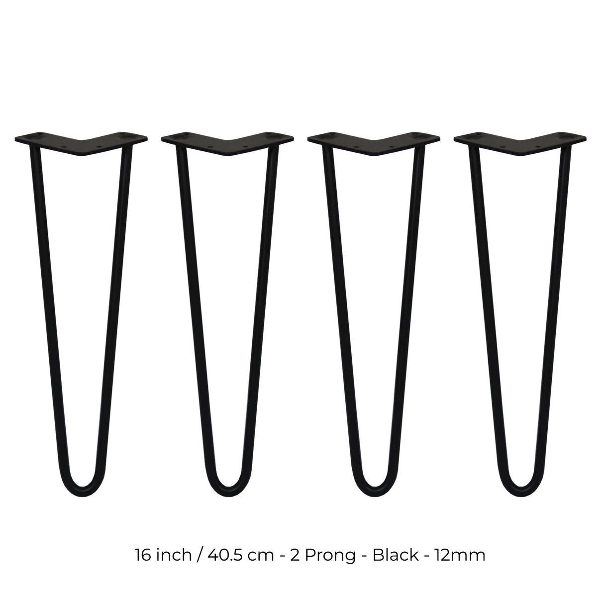 Black 16-inch hairpin legs with a sleek 2-prong design, made of durable 12mm metal, ideal for DIY furniture projects